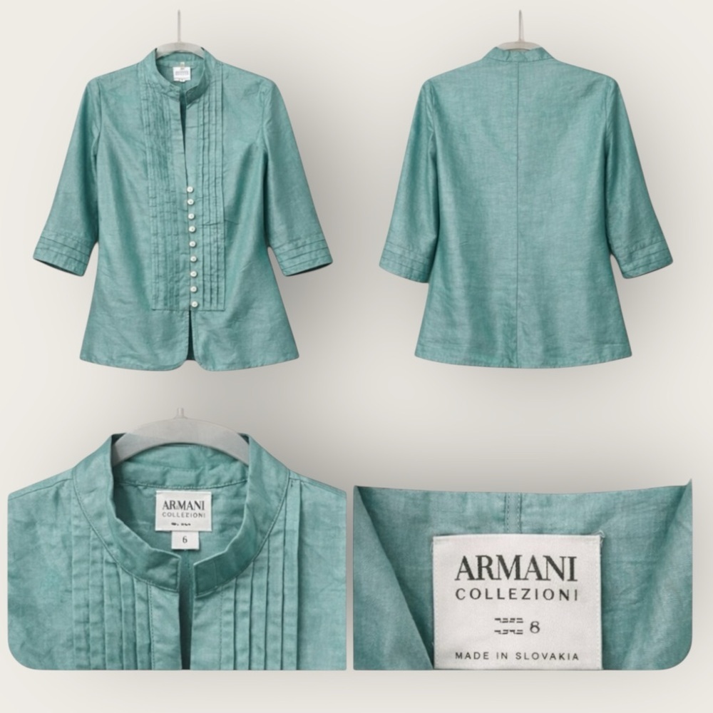 💚 Armani Collezioni Seafoam Silk Pintuck Jacket Blouse | Size 8